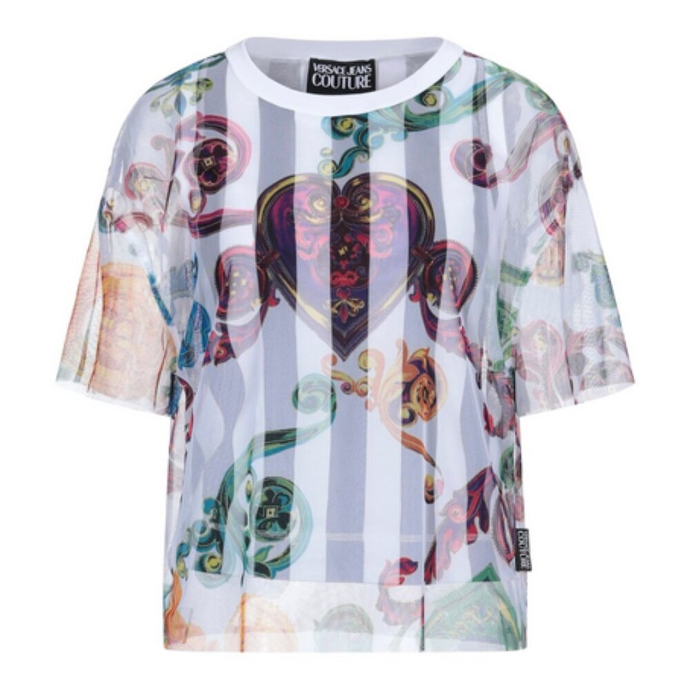 VERSACE JEANS COUTURE Black/White Racerback Tulle Baroque Jewels Overlay Top S